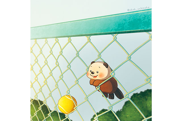 、テニスコートの金網に挟まって試合を眺めるぽんずのイラスト