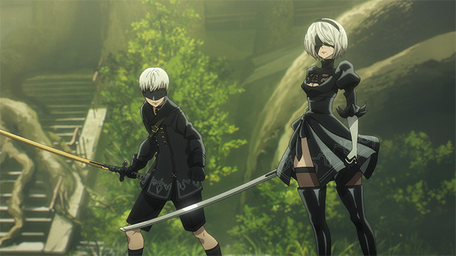 2B（ヨルハ二号B型）、9S（ヨルハ九号S型）アニメ場面写真